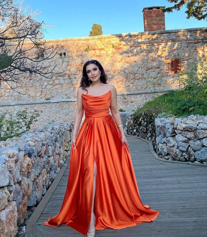 Chic Orange A Line Strapless Pleated Satin Slit Long Prom Dress, Evening Dress C6284