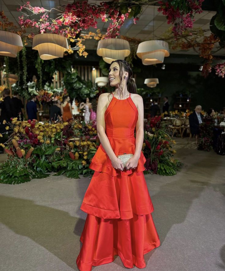 Unique Orange A Line Halter Tiered Satin Long Prom Dress, Evening Dress C6285