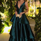 Sexy Deep V Neck A Line Tiered Dark Green Satin Long Prom Dress, Evening Dress C6286