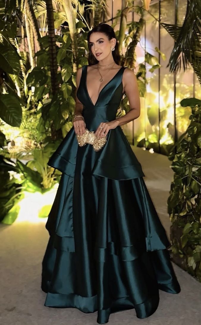 Sexy Deep V Neck A Line Tiered Dark Green Satin Long Prom Dress, Evening Dress C6286