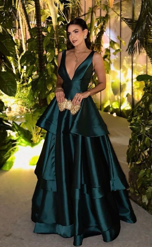 Sexy Deep V Neck A Line Tiered Dark Green Satin Long Prom Dress, Evening Dress C6286