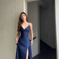Sexy Mermaid Navy Spaghetti Straps Sequin Slit Without Sleeves Long Prom Dress, Evening Dress C6288