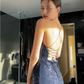 Sexy Mermaid Navy Spaghetti Straps Sequin Slit Without Sleeves Long Prom Dress, Evening Dress C6288