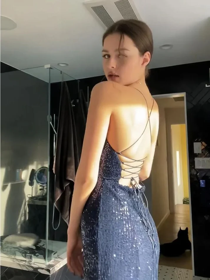 Sexy Mermaid Navy Spaghetti Straps Sequin Slit Without Sleeves Long Prom Dress, Evening Dress C6288