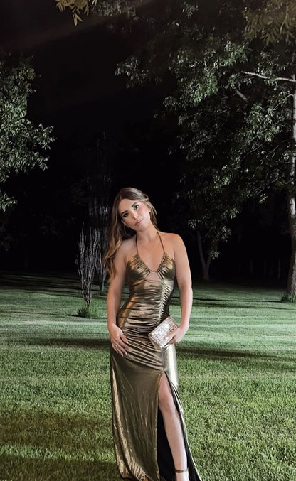 Sexy Sheath Mermaid Halter Satin Slit Without Sleeves Long Prom Dress, Evening Dress C6290