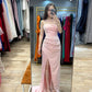 Pretty Chic Mermaid Pink Spaghetti Straps Satin Sequin Slit Without Sleeves Long Prom Dress, Evening Dress C6292