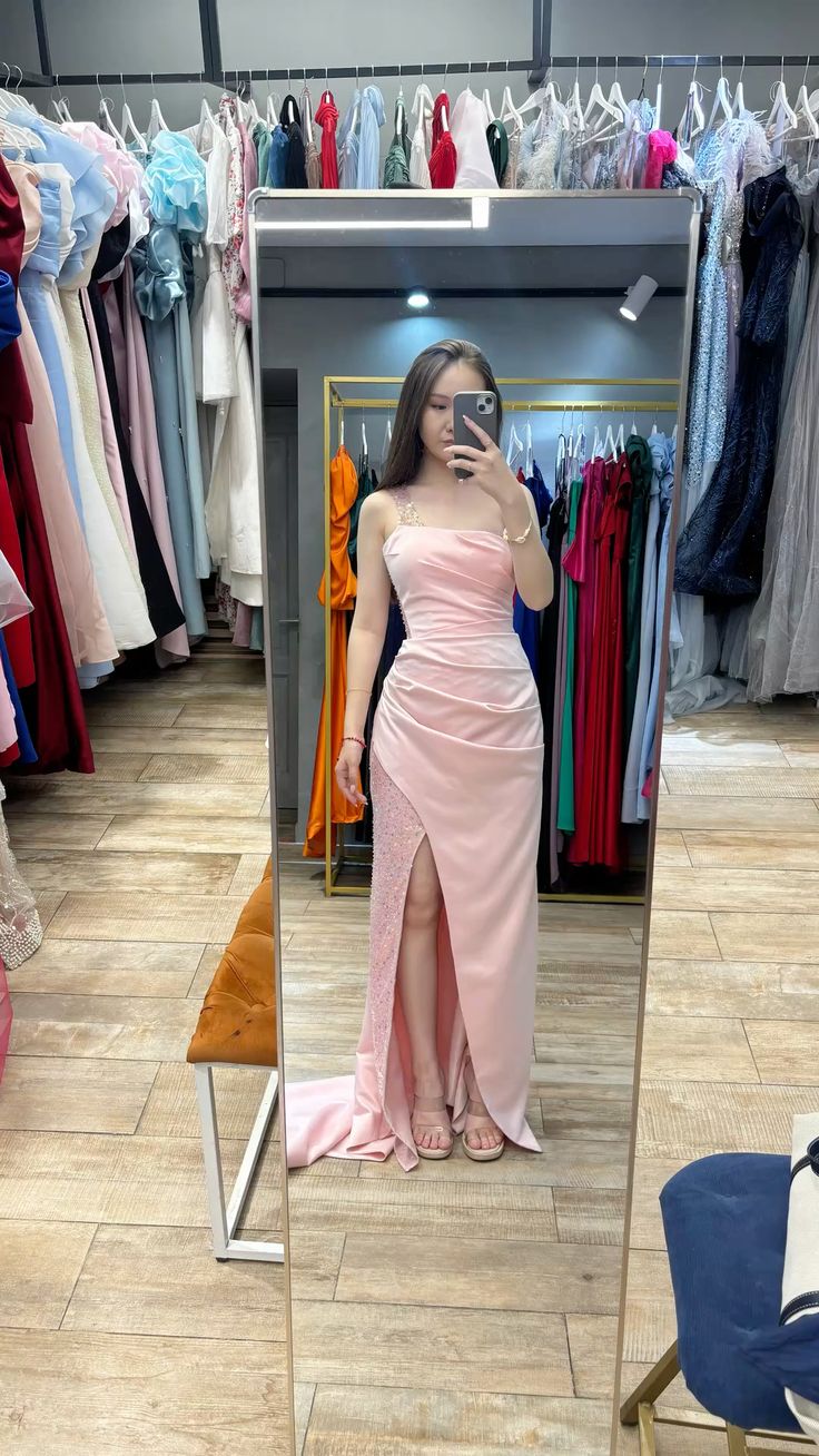 Pretty Chic Mermaid Pink Spaghetti Straps Satin Sequin Slit Without Sleeves Long Prom Dress, Evening Dress C6292