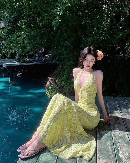 Unique Charming Mermaid Halter Lace Without Sleeves Long Prom Dress, Evening Dress C6294