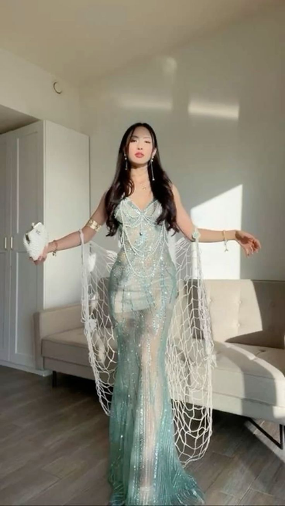 Gorgeous Shiny Mermaid Spaghetti Straps Tulle Sequin Beaded Without Sleeves Long Prom Dress, Evening Dress C6295