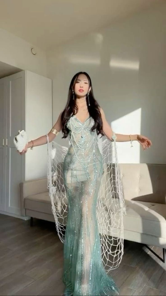 Gorgeous Shiny Mermaid Spaghetti Straps Tulle Sequin Beaded Without Sleeves Long Prom Dress, Evening Dress C6295