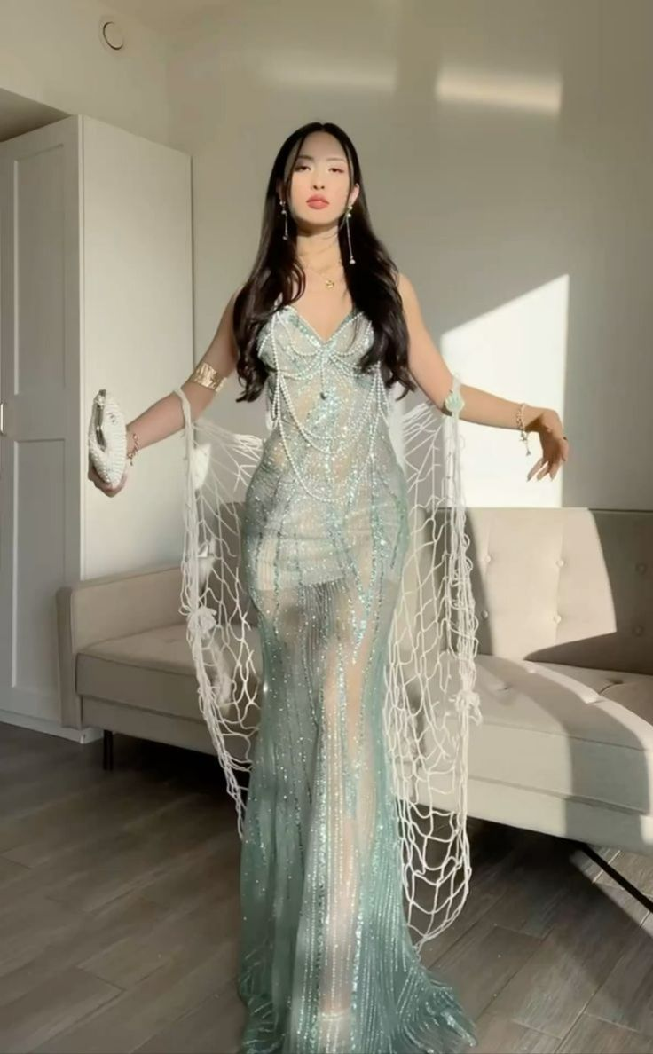 Gorgeous Shiny Mermaid Spaghetti Straps Tulle Sequin Beaded Without Sleeves Long Prom Dress, Evening Dress C6295