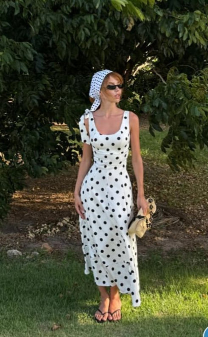 Classy A Line U Neck Satin Polka Dots Without Sleeves Long Prom Dress, Evening Dress C6296