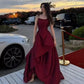 Formal A Line Strapless Burgundy Satin Without Sleeves Long Prom Dress, Evening Dress C6298