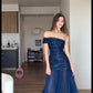 Robe de bal longue sirène chic et brillante, asymétrique, en mousseline de soie bleu marine à sequins, sans manches, référence C6301