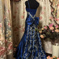 Elegant Mermaid Navy Spaghetti Straps Satin Without Sleeves Long Prom Dress, Evening Dress C6303