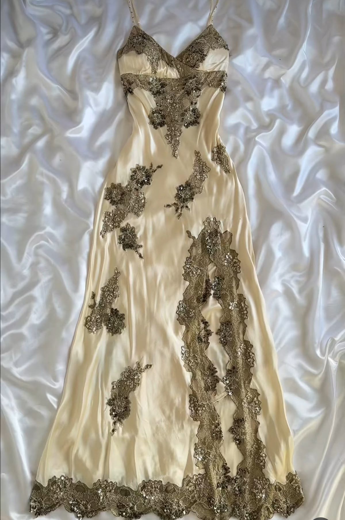 Pretty Charming Spaghetti Straps Satin Lace Slit Without Sleeves Long Prom Dress, Evening Dress C6306