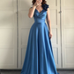 Elegant A Line V Neck Satin Applique Without Sleeves Long Prom Dress, Evening Dress C6309