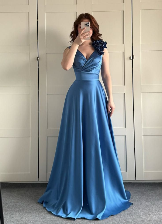 Robe de bal longue élégante en satin à encolure en V et application, sans manches, coupe trapèze, référence C6309