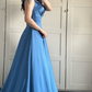Elegant A Line V Neck Satin Applique Without Sleeves Long Prom Dress, Evening Dress C6309
