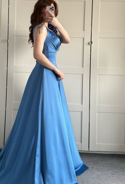 Elegant A Line V Neck Satin Applique Without Sleeves Long Prom Dress, Evening Dress C6309