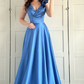 Elegant A Line V Neck Satin Applique Without Sleeves Long Prom Dress, Evening Dress C6309