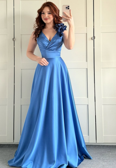 Elegant A Line V Neck Satin Applique Without Sleeves Long Prom Dress, Evening Dress C6309