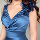 Elegant A Line V Neck Satin Applique Without Sleeves Long Prom Dress, Evening Dress C6309
