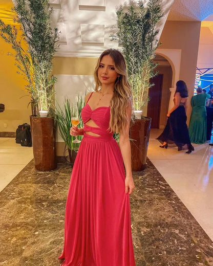 Robe de bal longue trapèze à fines bretelles en satin ajouré sans manches, robe de soirée C6317