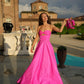 Robe de bal longue rose fuchsia en satin ajouré, coupe trapèze, sans manches, modèle C6318
