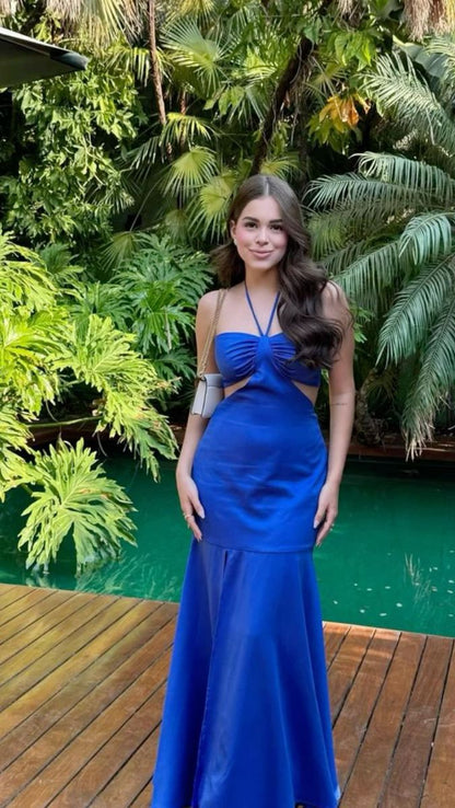 Robe de bal longue sirène bleu roi en satin sans manches, modèle C6319