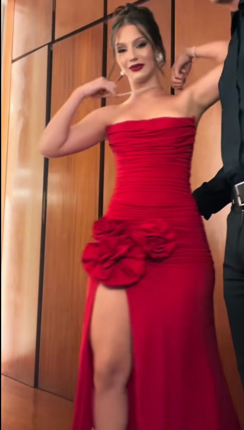 Charming Red Mermaid Strapless Satin Slit Without Sleeves Long Prom Dress, Evening Dress C6321