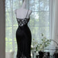 Black Charming Mermaid Spaghetti Straps Satin Lace Sequin Without Sleeves Long Prom Dress, Evening Dress C6323