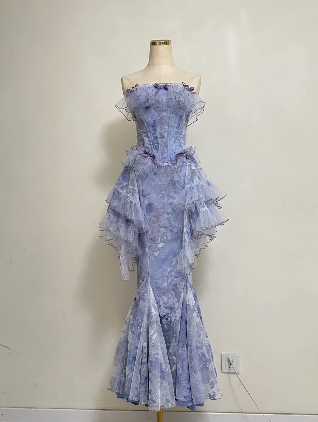 Gorgeous Mermaid Charming Strapless Printed Floral Satin Chiffon Without Sleeves Long Prom Dress, Evening Dress C6325