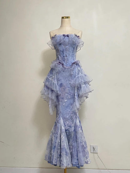 Gorgeous Mermaid Charming Strapless Printed Floral Satin Chiffon Without Sleeves Long Prom Dress, Evening Dress C6325