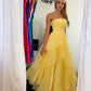 Princess A Line Strapless Yellow Chiffon Without Sleeves Long Prom Dress, Evening Dress C6326