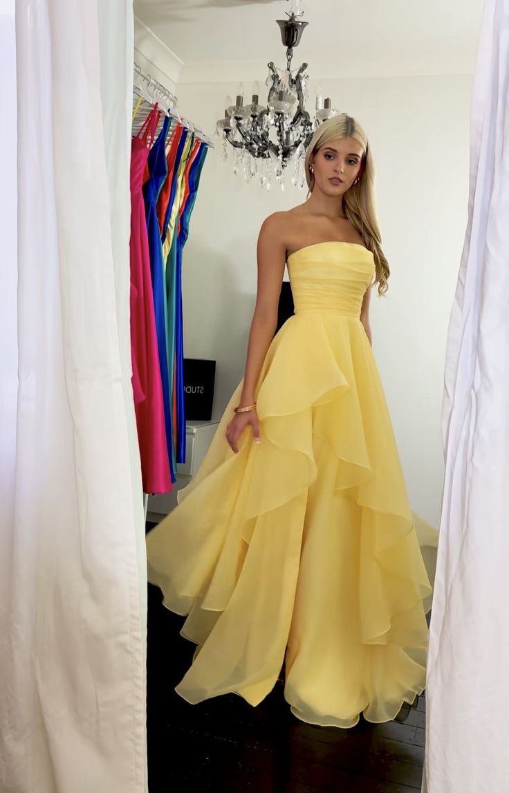 Princess A Line Strapless Yellow Chiffon Without Sleeves Long Prom Dress, Evening Dress C6326