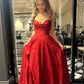 Sparkly A Line Strapless Red Satin Sequin Slit Without Sleeves Long Prom Dress, Evening Dress C6327