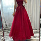 Shiny Burgundy A Line Strapless Tulle Sequin Without Sleeves Long Prom Dress, Evening Dress C6328