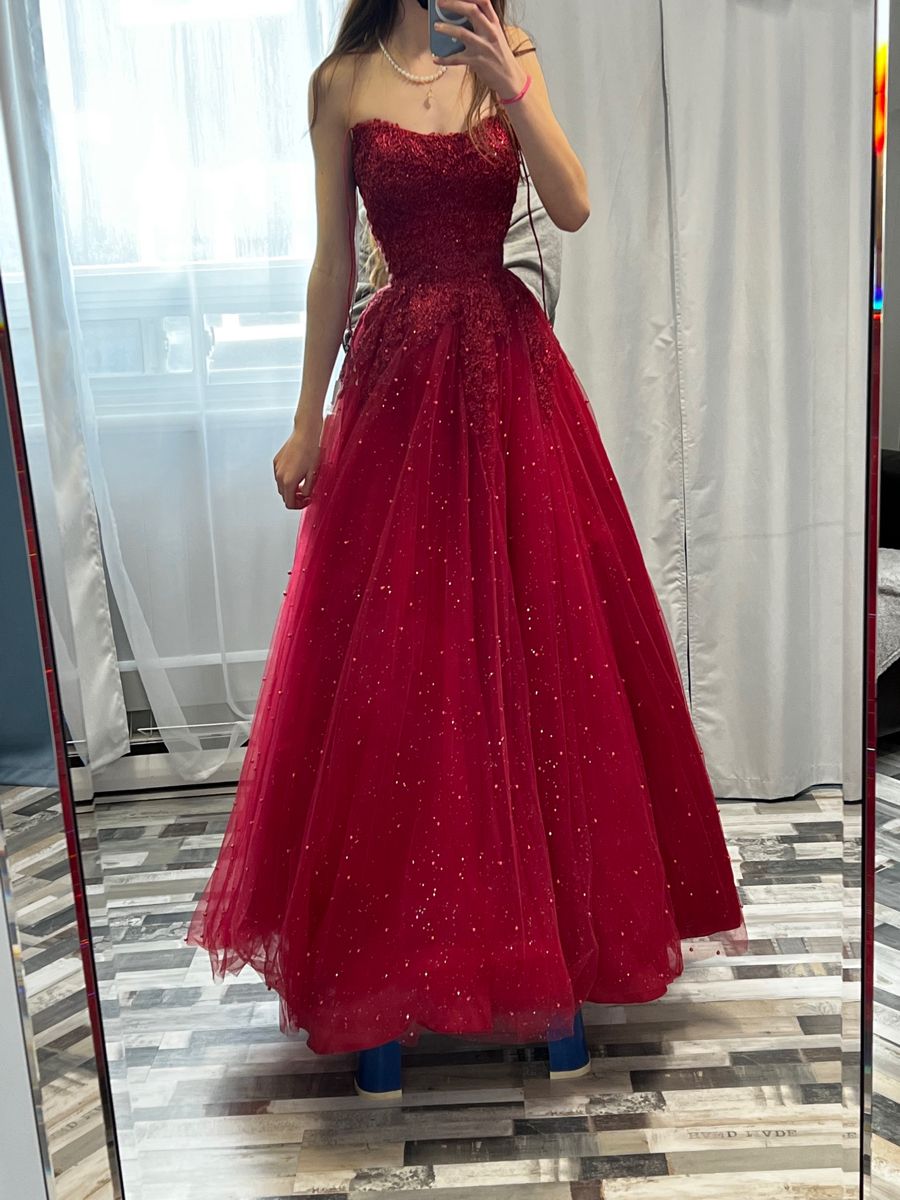Shiny Burgundy A Line Strapless Tulle Sequin Without Sleeves Long Prom Dress, Evening Dress C6328