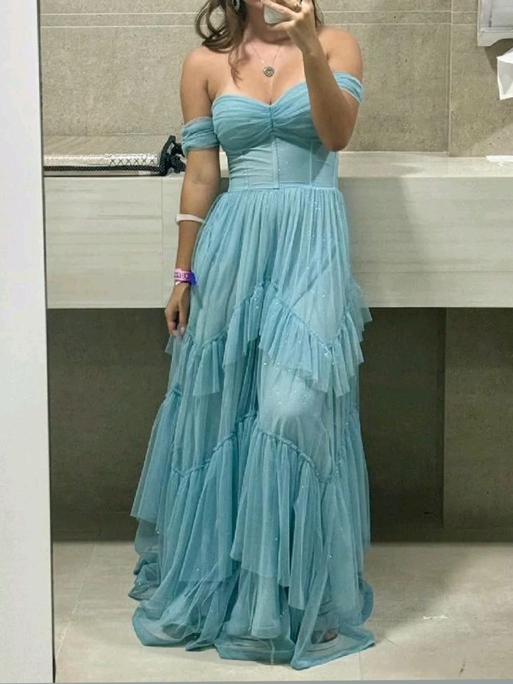 Chic Off The Shoulder A Line Tulle Sequin Without Sleeves Long Prom Dress, Evening Dress C6330