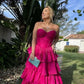 Classy A Line Sweetheart Hot Pink Tiered Satin Without Sleeves Long Prom Dress, Evening Dress C6333