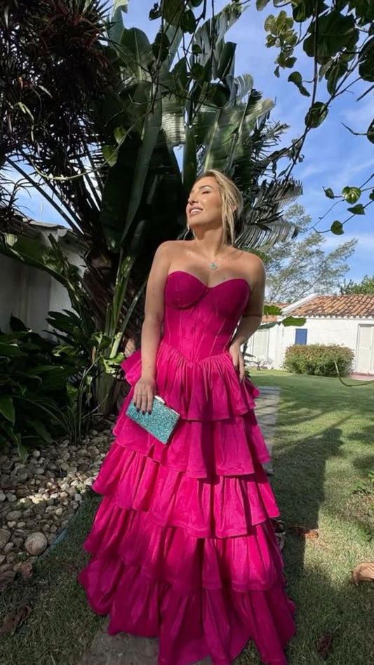 Classy A Line Sweetheart Hot Pink Tiered Satin Without Sleeves Long Prom Dress, Evening Dress C6333