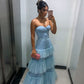 Pretty A Line Sweetheart Tiered Pale Blue Satin Tulle Sequin Without Sleeves Long Prom Dress, Evening Dress C6334