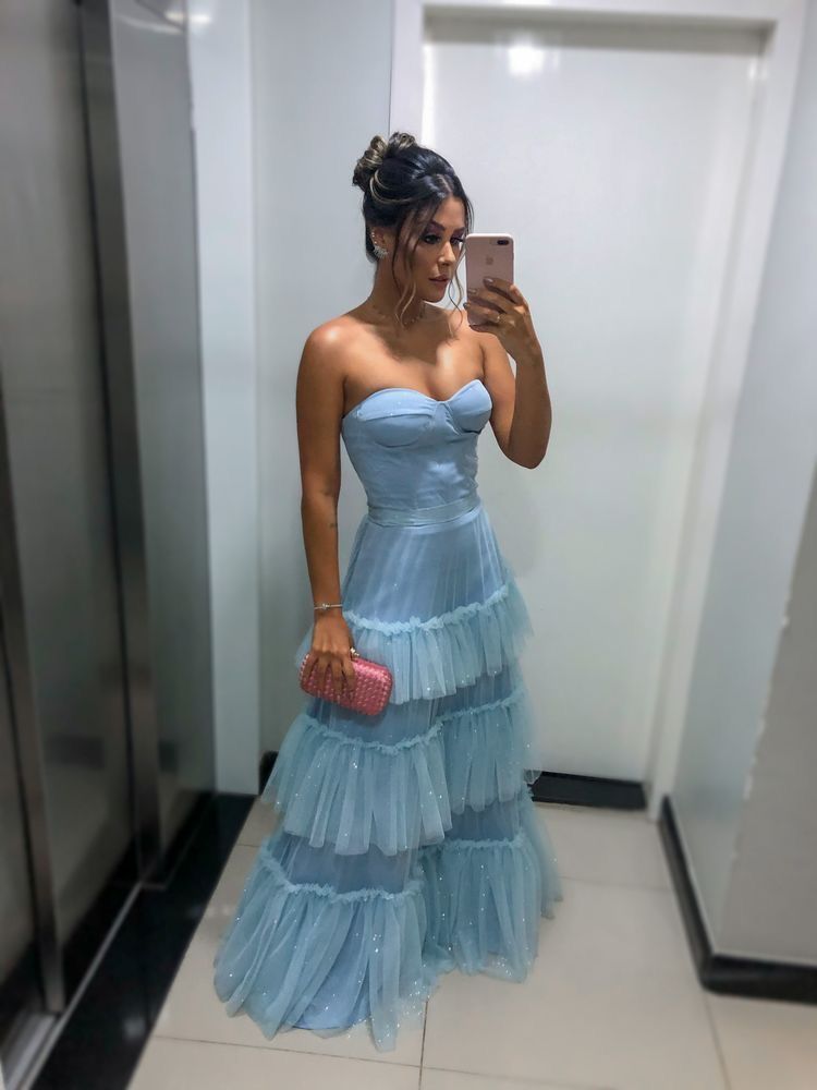 Pretty A Line Sweetheart Tiered Pale Blue Satin Tulle Sequin Without Sleeves Long Prom Dress, Evening Dress C6334