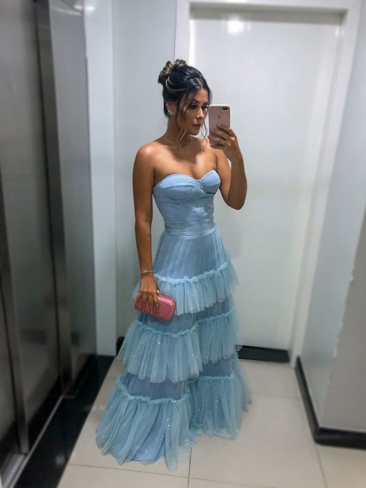Pretty A Line Sweetheart Tiered Pale Blue Satin Tulle Sequin Without Sleeves Long Prom Dress, Evening Dress C6334