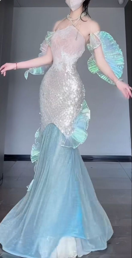 Shiny Romantic Mermaid Strapless Tulle Sequin Without Sleeves Long Prom Dress, Evening Dress C6335