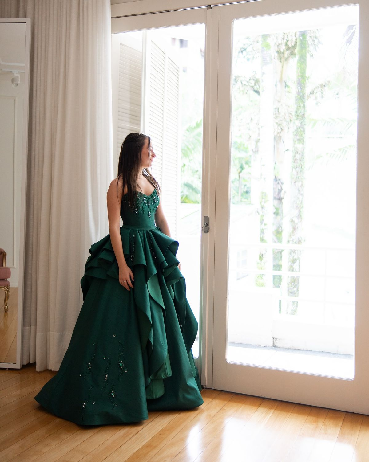 Dark Green Ball Gown Strapless Satin Beaded Without Sleeves Long Prom Dress, Evening Dress C6336