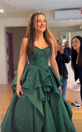 Dark Green Ball Gown Strapless Satin Beaded Without Sleeves Long Prom Dress, Evening Dress C6336