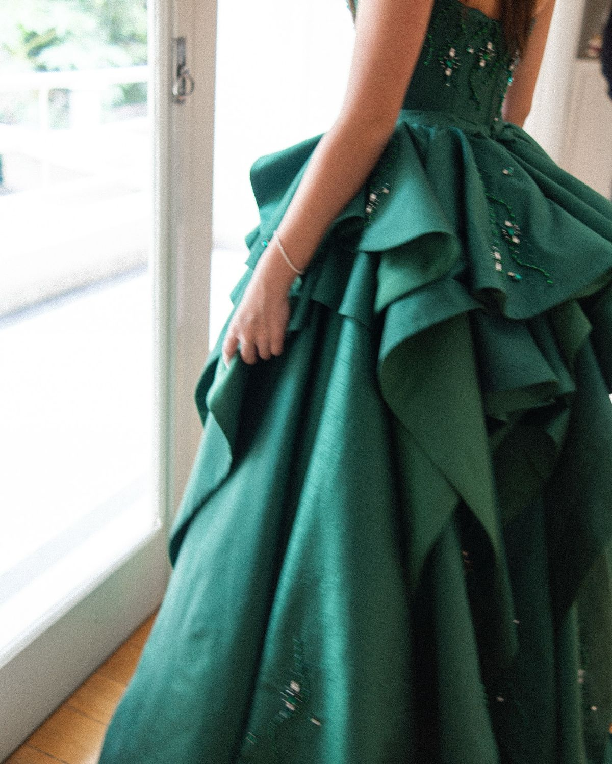 Dark Green Ball Gown Strapless Satin Beaded Without Sleeves Long Prom Dress, Evening Dress C6336