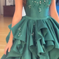 Dark Green Ball Gown Strapless Satin Beaded Without Sleeves Long Prom Dress, Evening Dress C6336